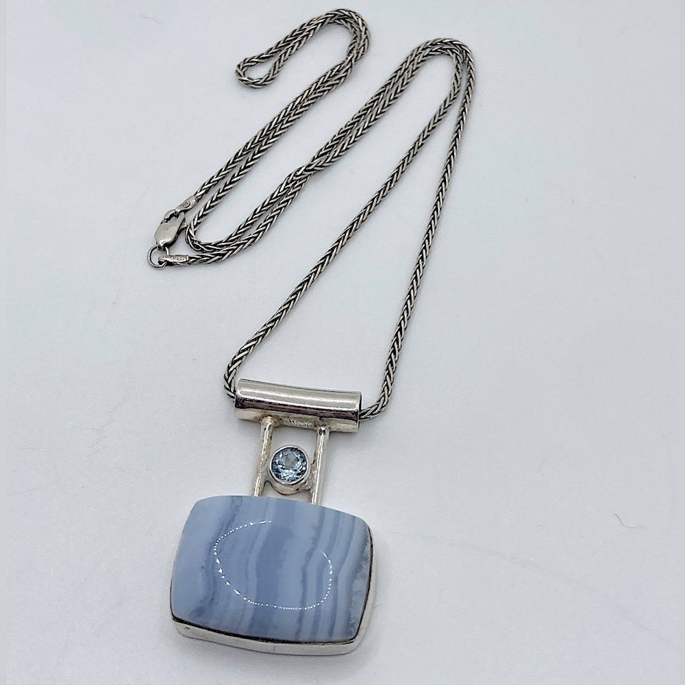VINTAGE Sterling Topaz & Blue Lace Agate Pendant w Wheat Link Chain 19.5” & 1.5”